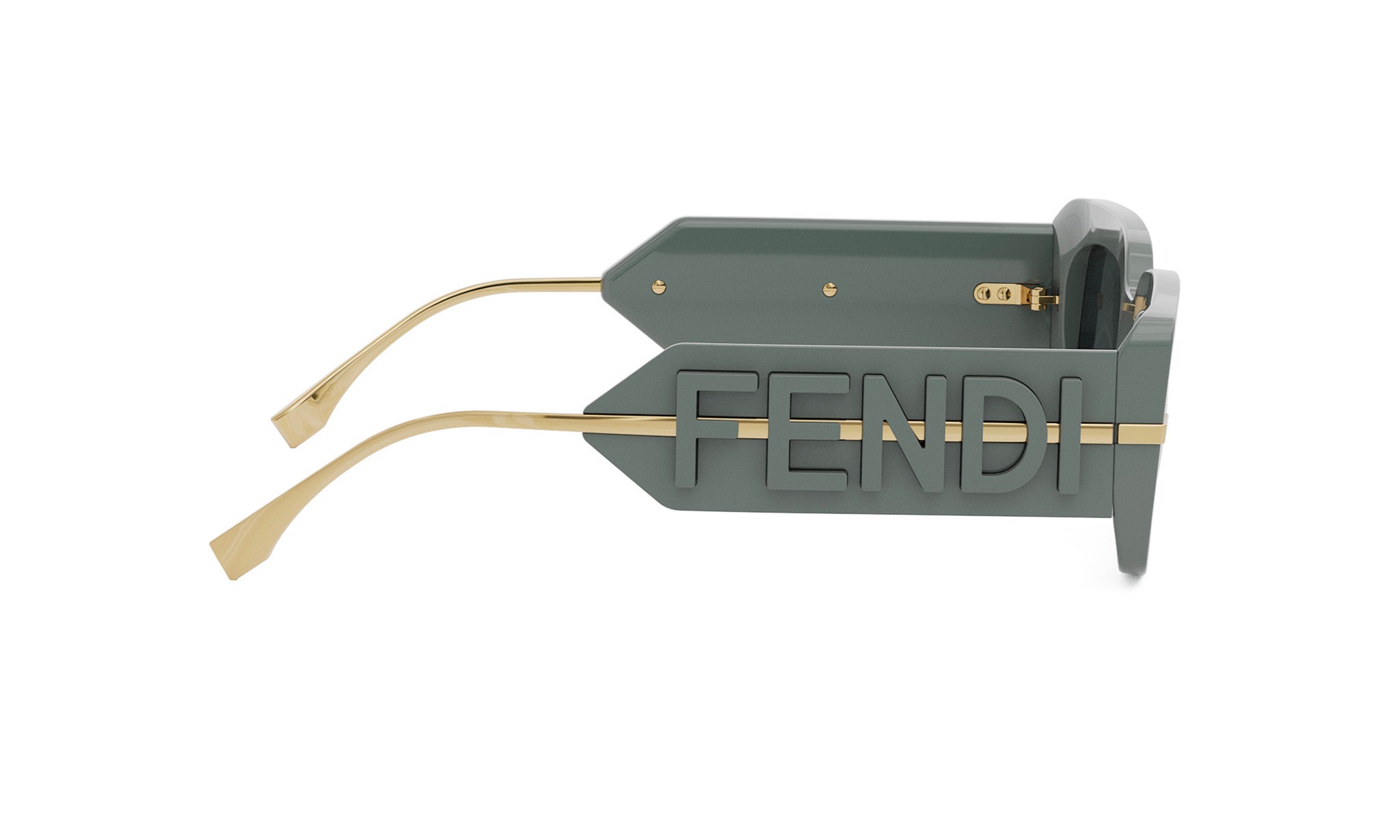 A pair of sunglasses with the Fendi logo prominently displayed on the frame.