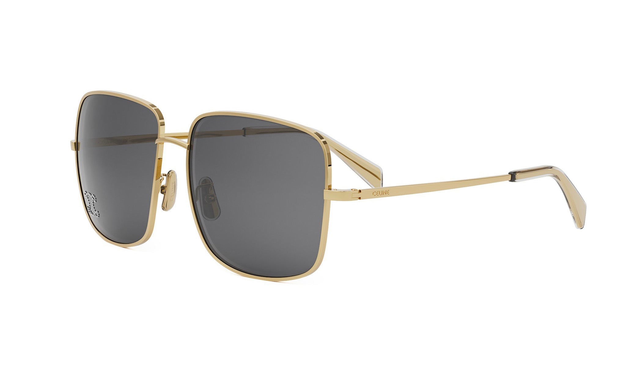 A pair of gold-colored sunglasses with dark lenses.