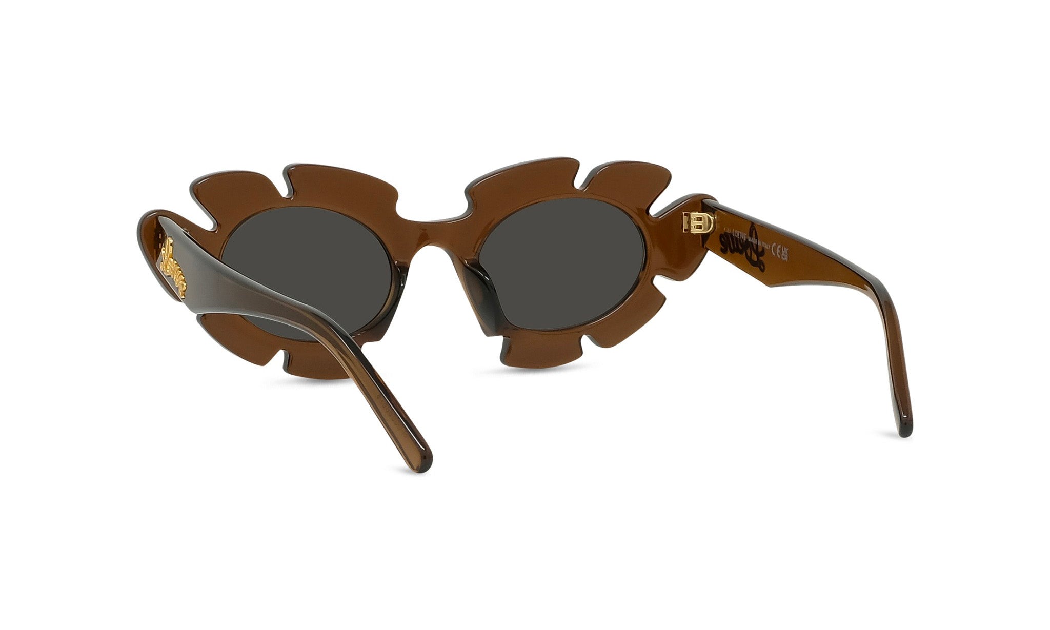 A pair of brown, flower-shaped sunglasses with a dark frame.