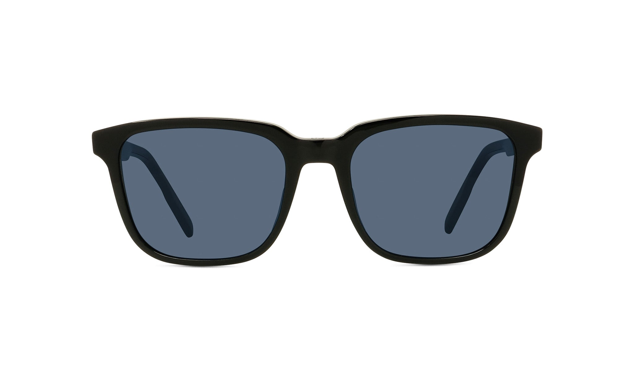 A pair of black sunglasses with dark blue lenses.