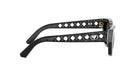 A pair of black sunglasses with a unique, lattice-like frame design.