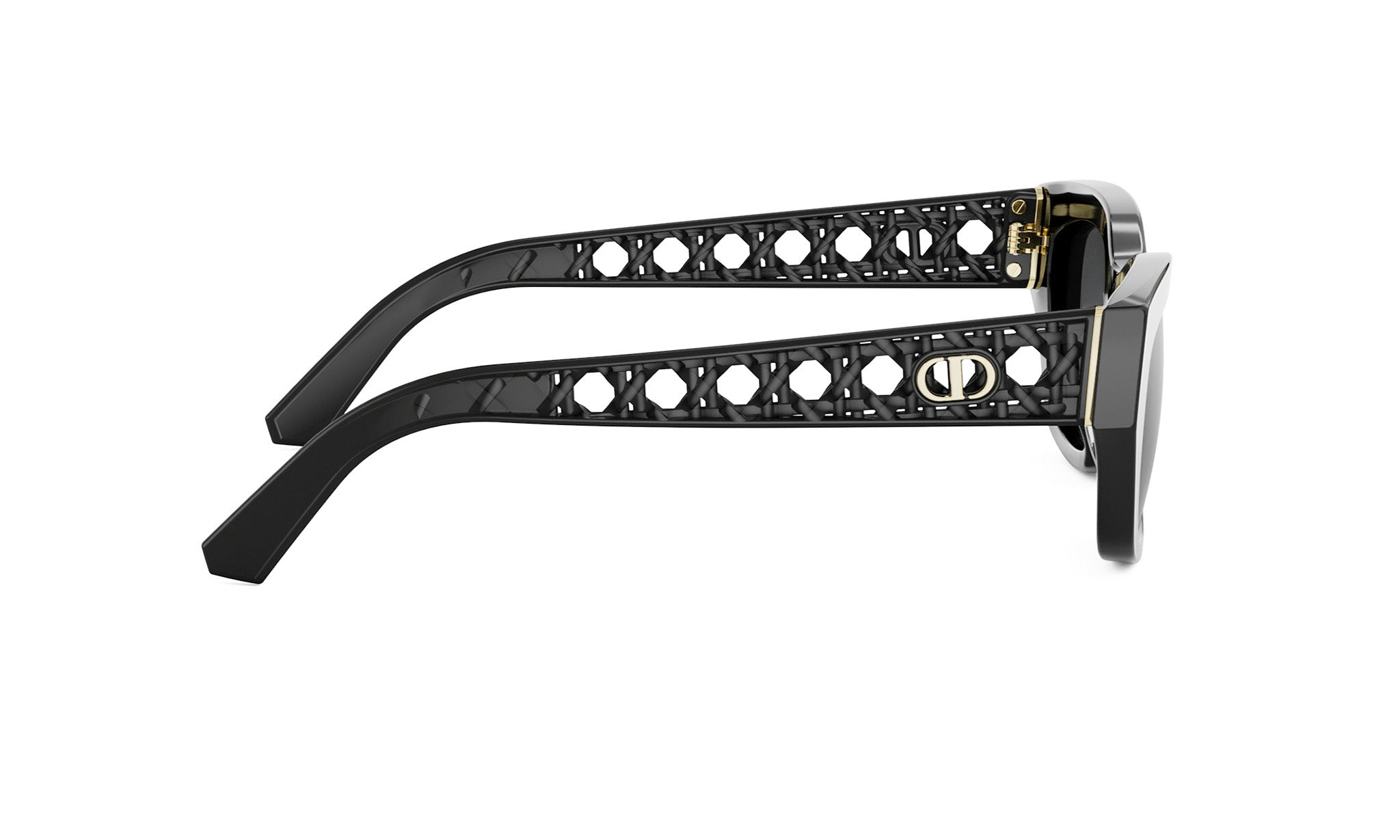 A pair of black sunglasses with a unique, lattice-like frame design.