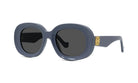 A pair of stylish, oversized sunglasses with a dark blue frame and gold accents.