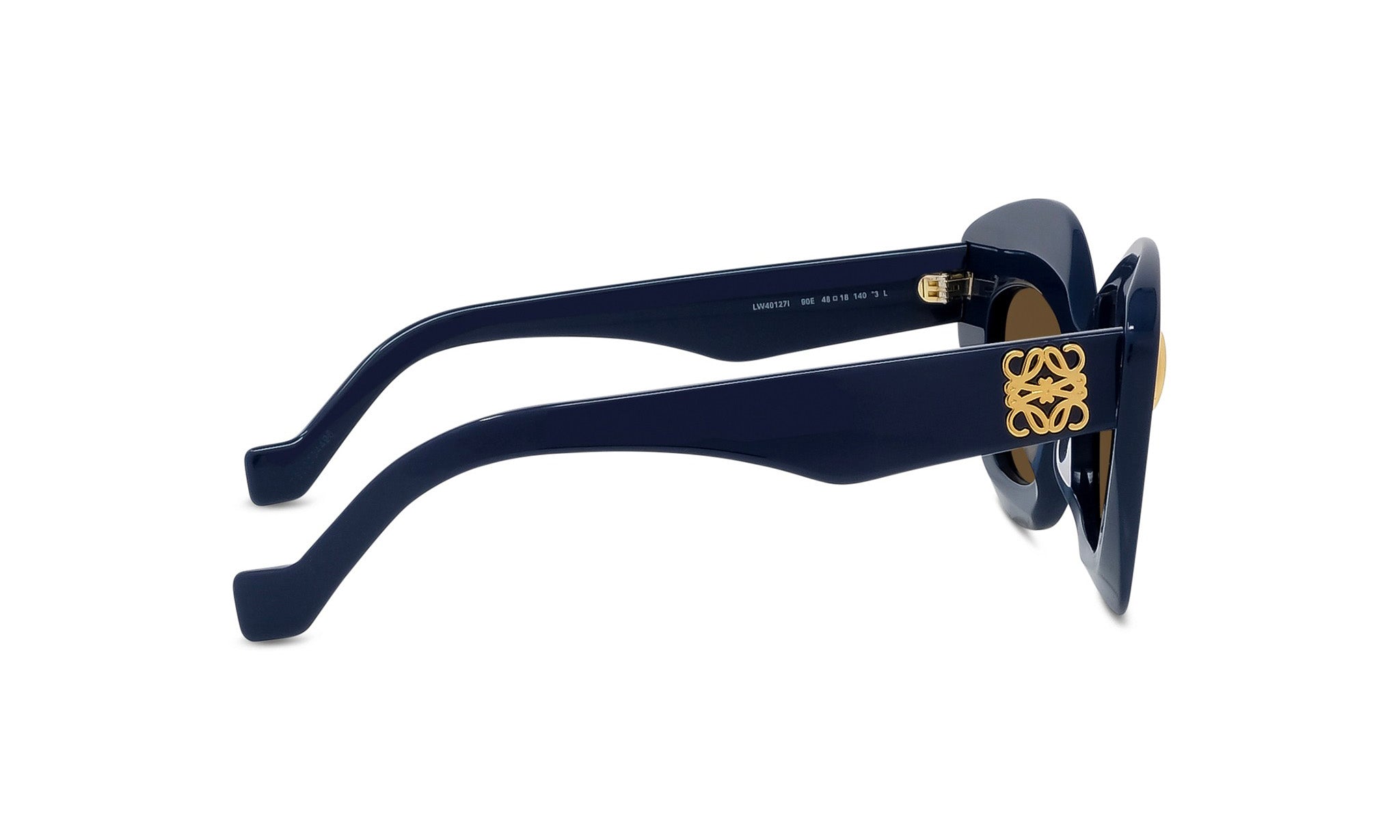 A pair of navy blue sunglasses with gold accents, featuring a distinctive logo on the frame.