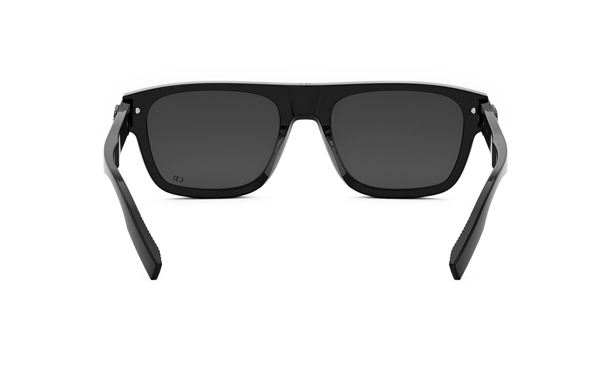 A pair of black sunglasses with dark lenses.
