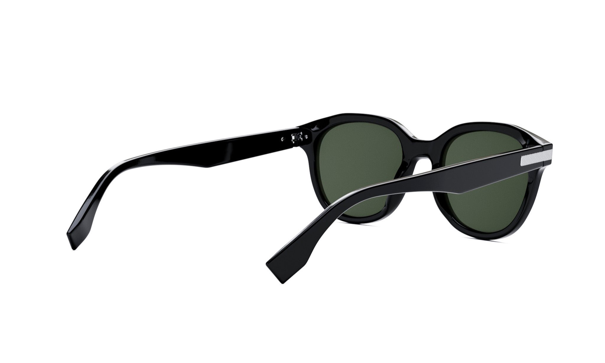 A pair of black sunglasses with dark green lenses.
