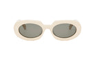 A pair of white oval-shaped sunglasses with dark lenses.