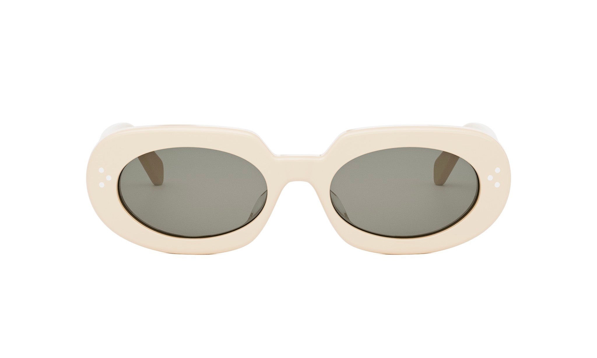A pair of white oval-shaped sunglasses with dark lenses.