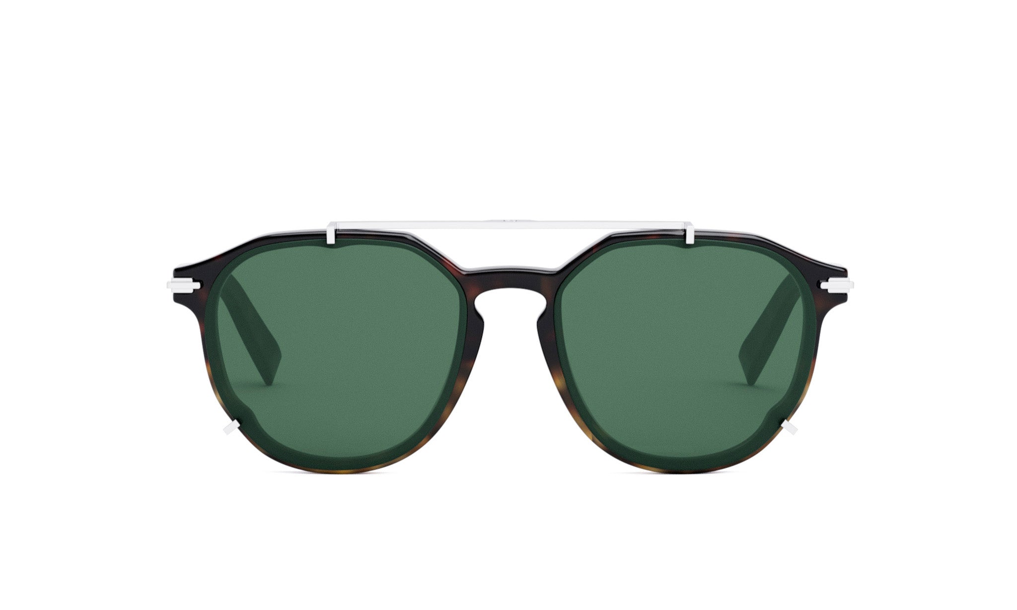 A pair of dark green sunglasses with a white frame and a white strap.