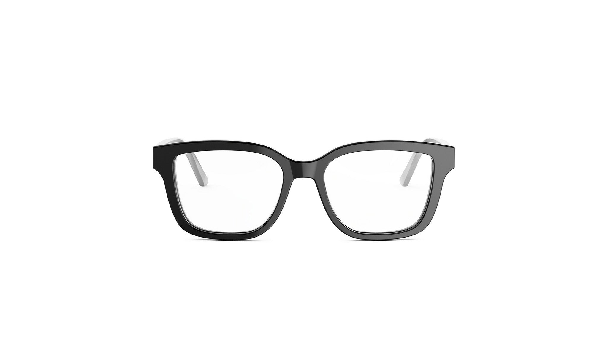 A pair of black-framed glasses against a white background.