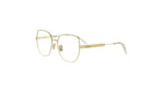 A pair of gold-colored, rectangular-framed glasses with a diamond pattern on the temples.