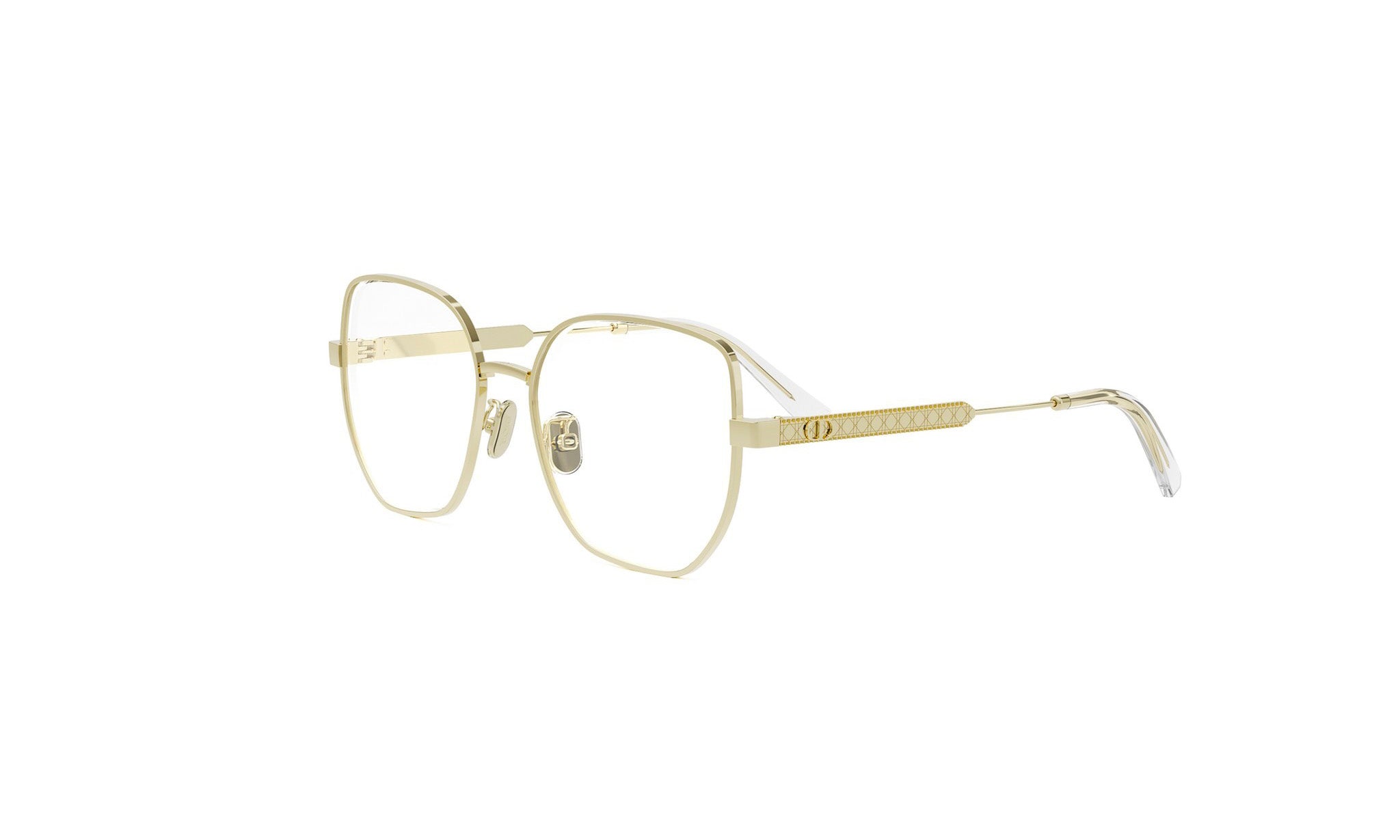 A pair of gold-colored, rectangular-framed glasses with a diamond pattern on the temples.