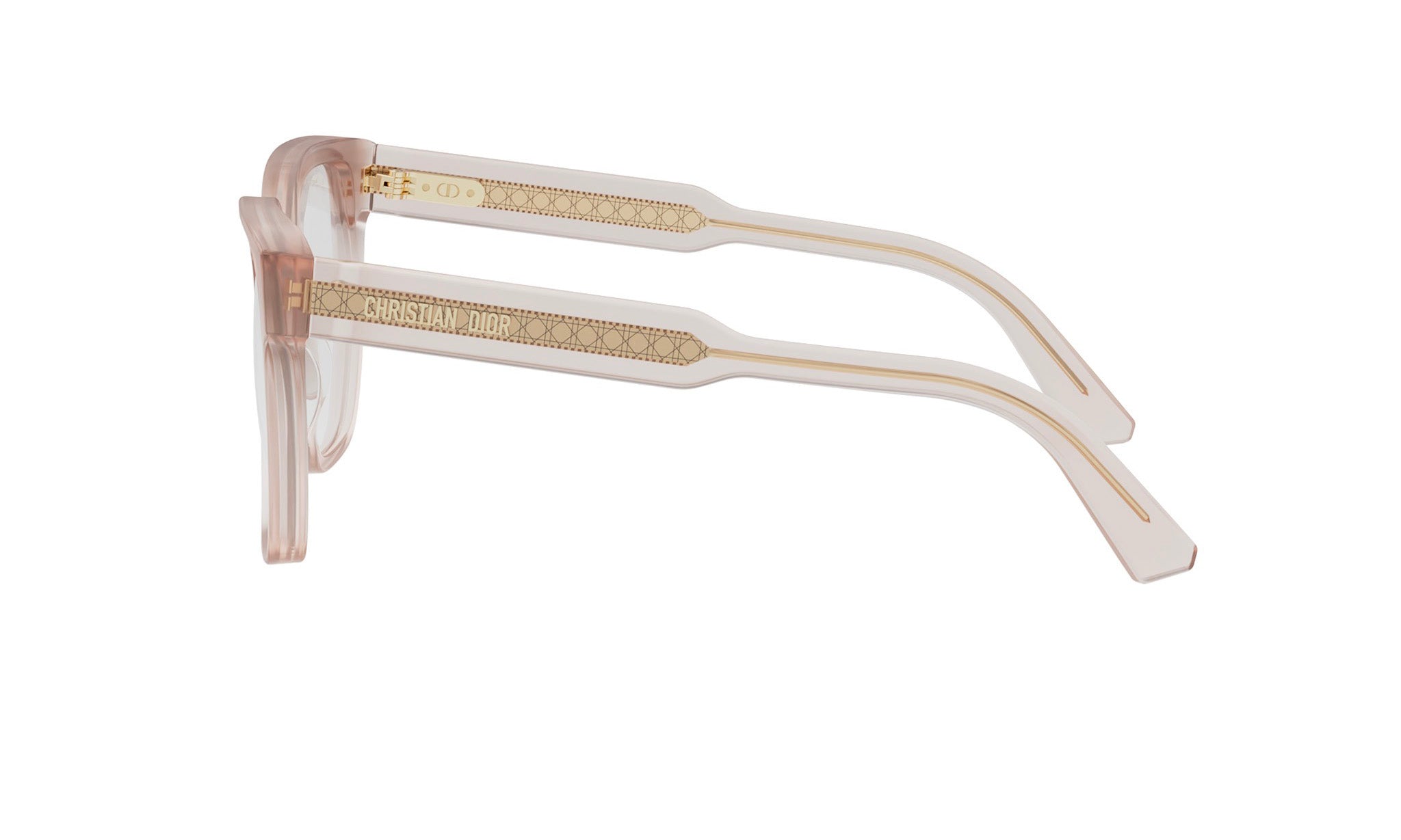 A pair of pink-framed glasses with gold accents, featuring the brand name "Christian Dior" on the temples.