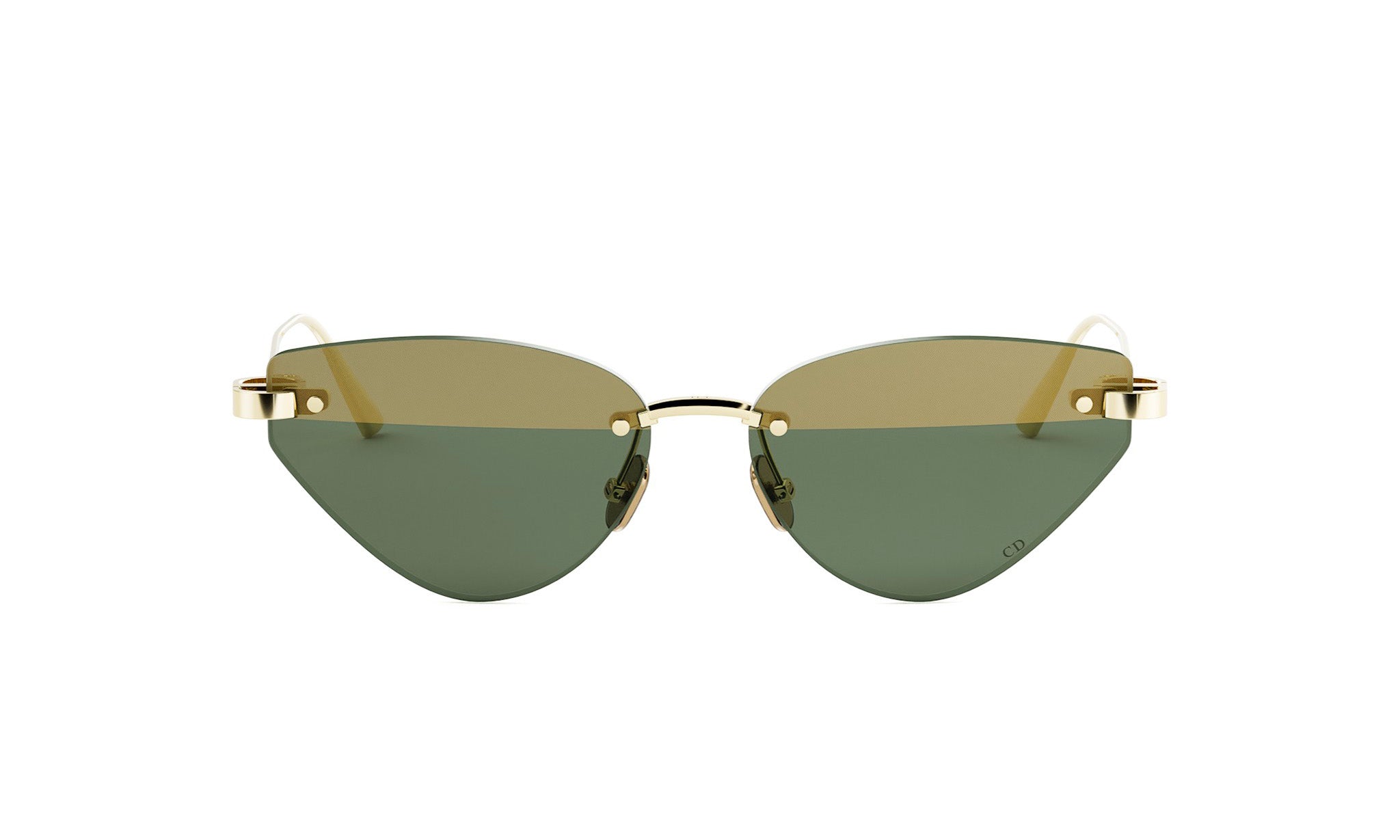 A pair of gold-framed sunglasses with green lenses.
