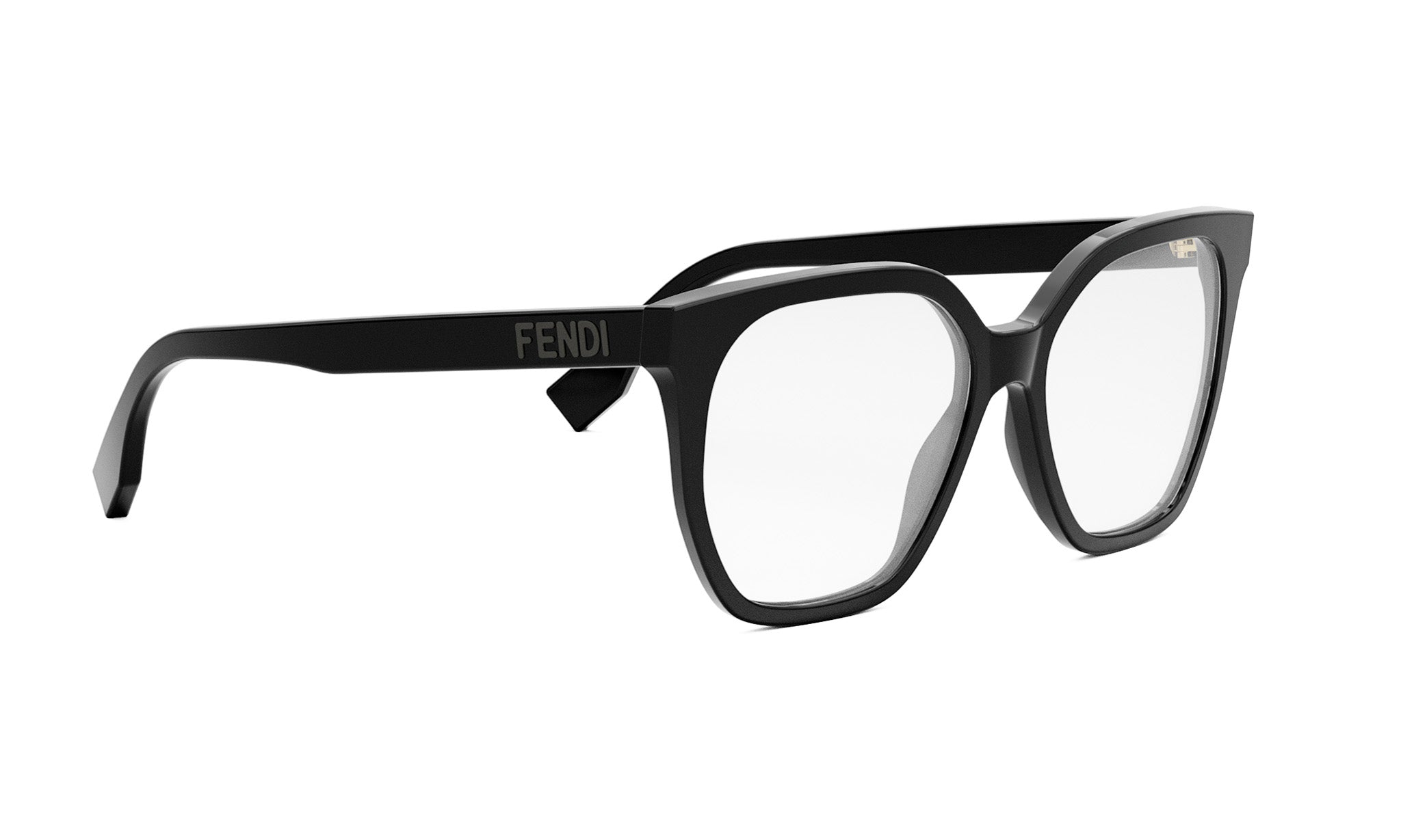 A pair of black Fendi-branded glasses with clear lenses.