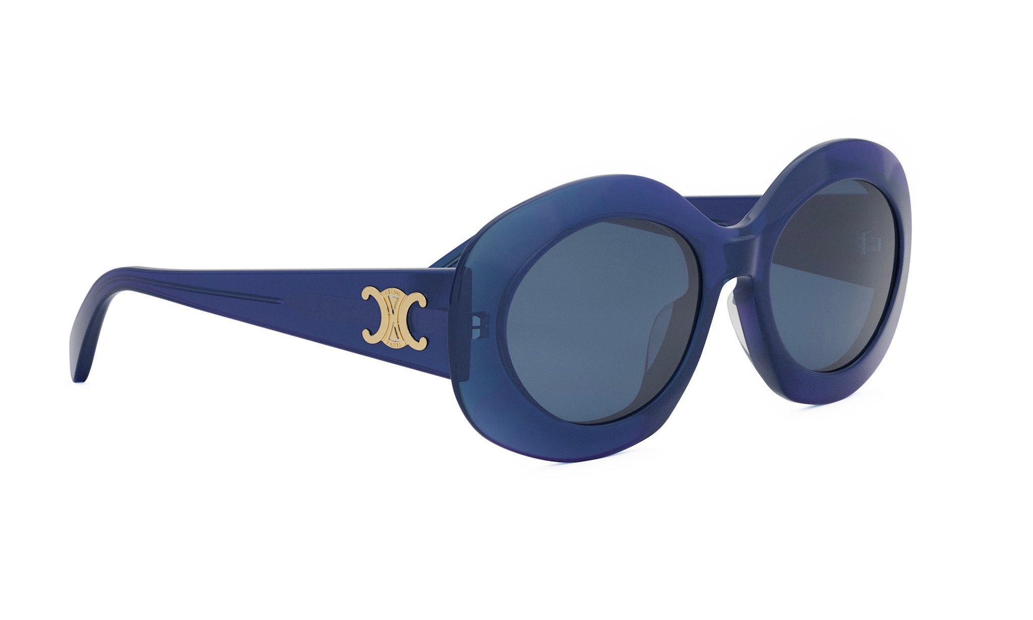 A pair of blue sunglasses with a gold logo on the frame.