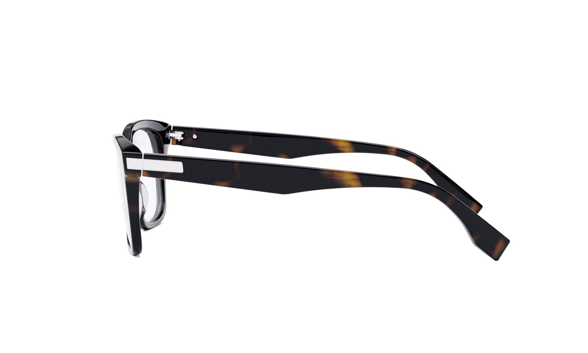A pair of stylish eyeglasses with a tortoiseshell frame and dark temples, positioned side by side against a white background.