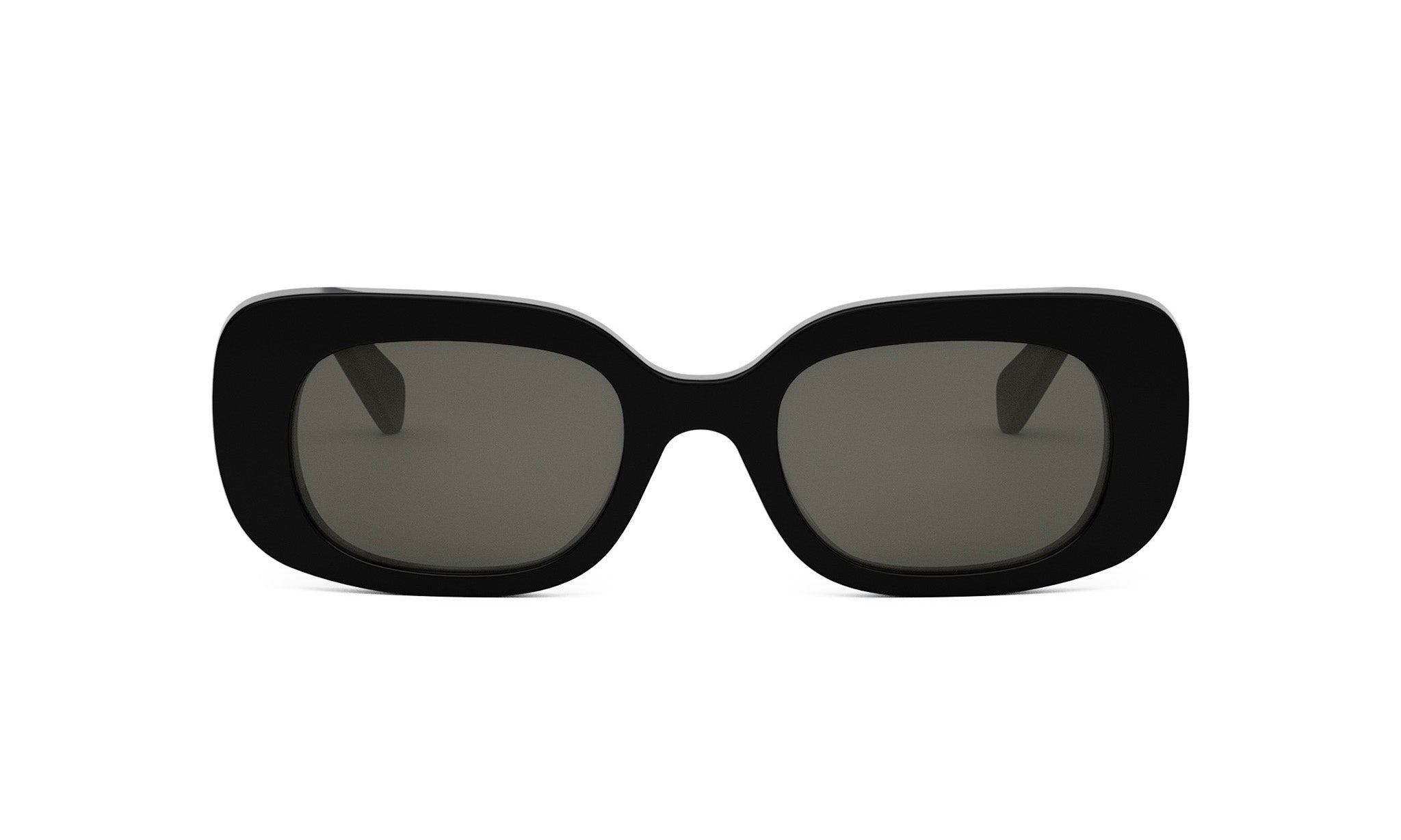 A pair of black sunglasses with dark lenses.