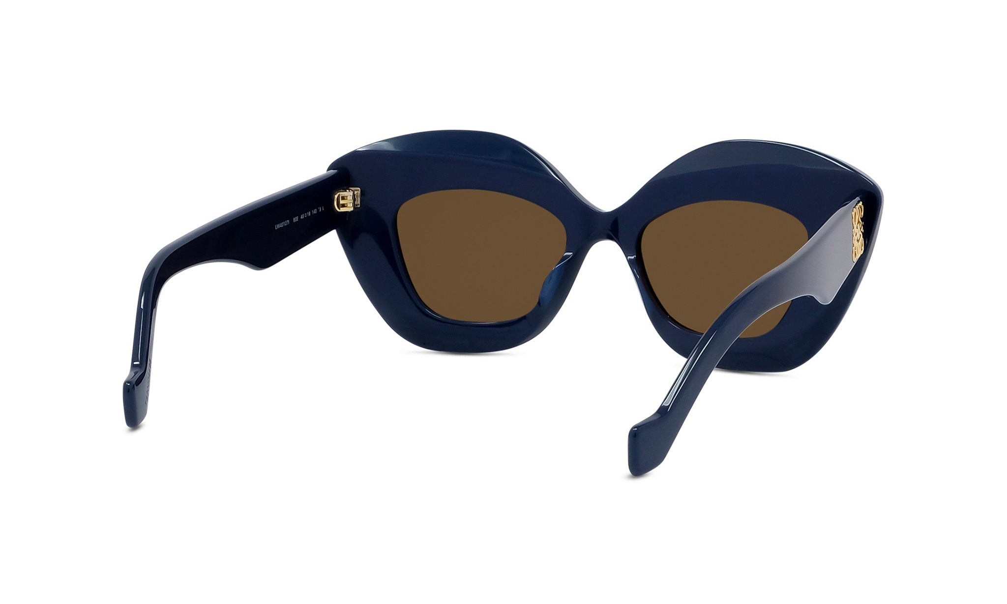 A pair of navy blue cat-eye sunglasses with brown lenses.