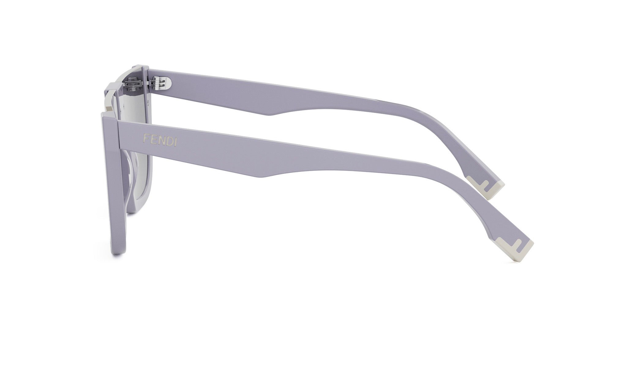 A pair of light purple sunglasses with a Fendi logo on the frame.