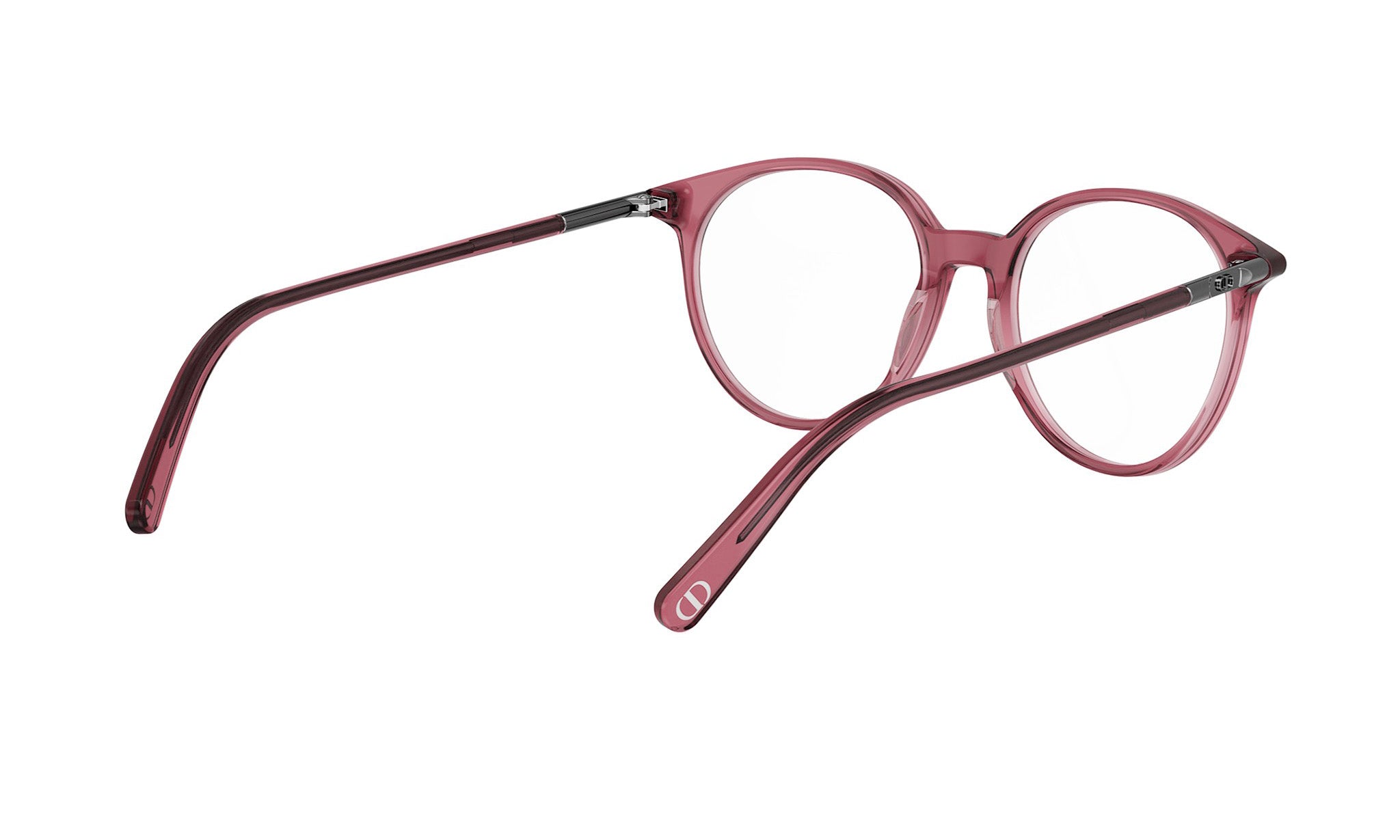 A pair of red-tinted eyeglasses with dark frames, positioned on a white background.