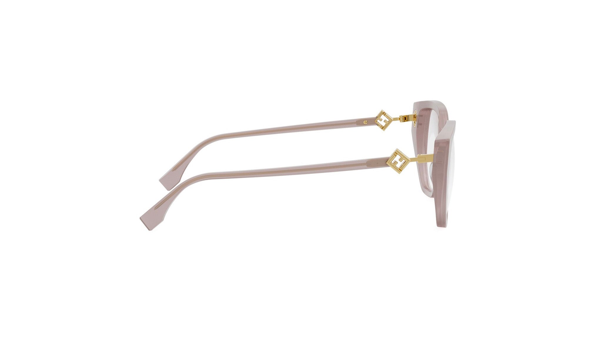 A pair of stylish, beige-framed glasses with gold accents, positioned side by side.