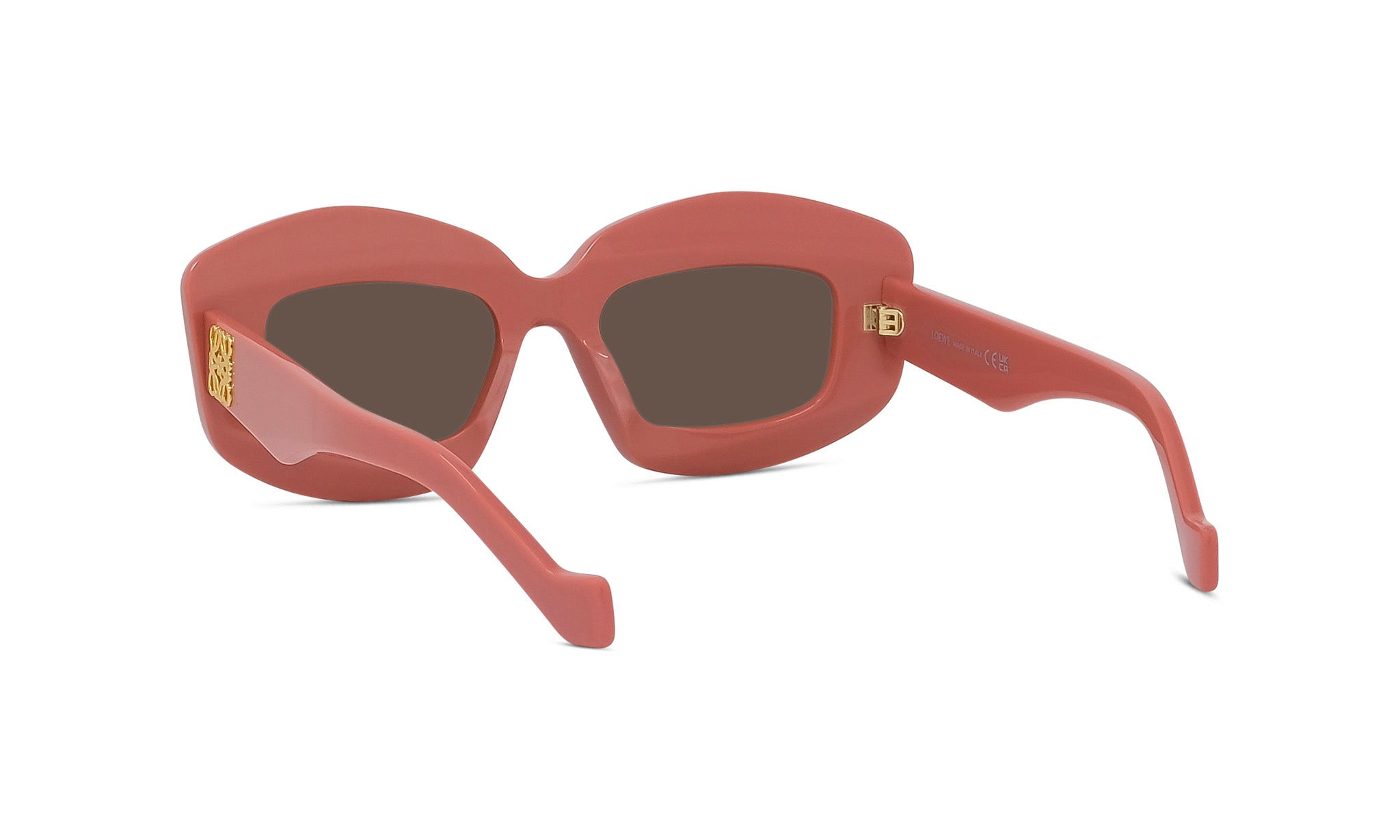 A pair of pink-framed sunglasses with dark lenses.