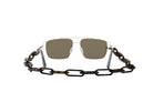 A pair of sunglasses with a chain strap, displayed against a white background.