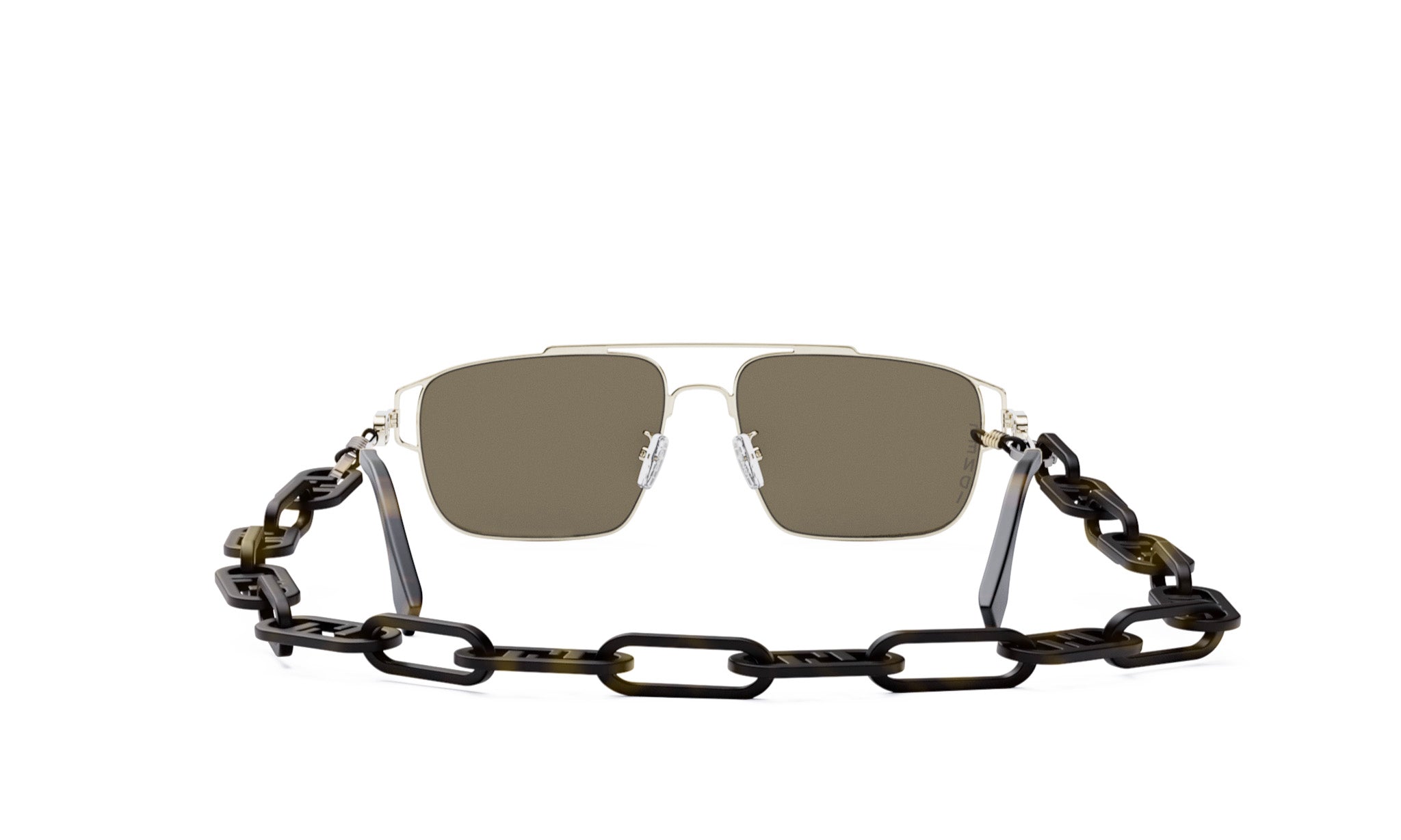 A pair of sunglasses with a chain strap, displayed against a white background.