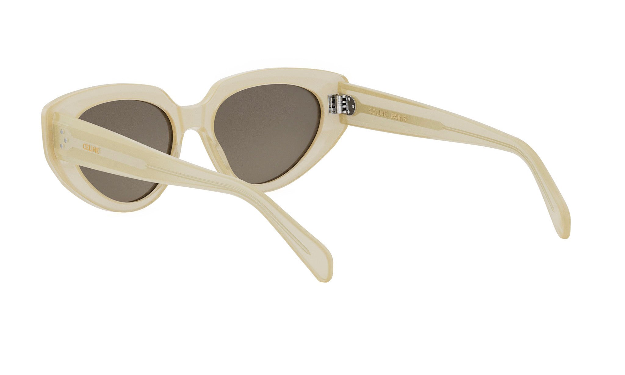 A pair of tan-colored sunglasses with dark lenses.
