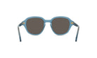 A pair of blue-tinted sunglasses with dark lenses, positioned facing forward.
