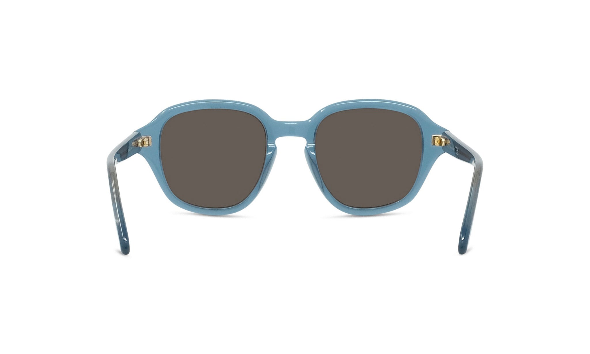 A pair of blue-tinted sunglasses with dark lenses, positioned facing forward.