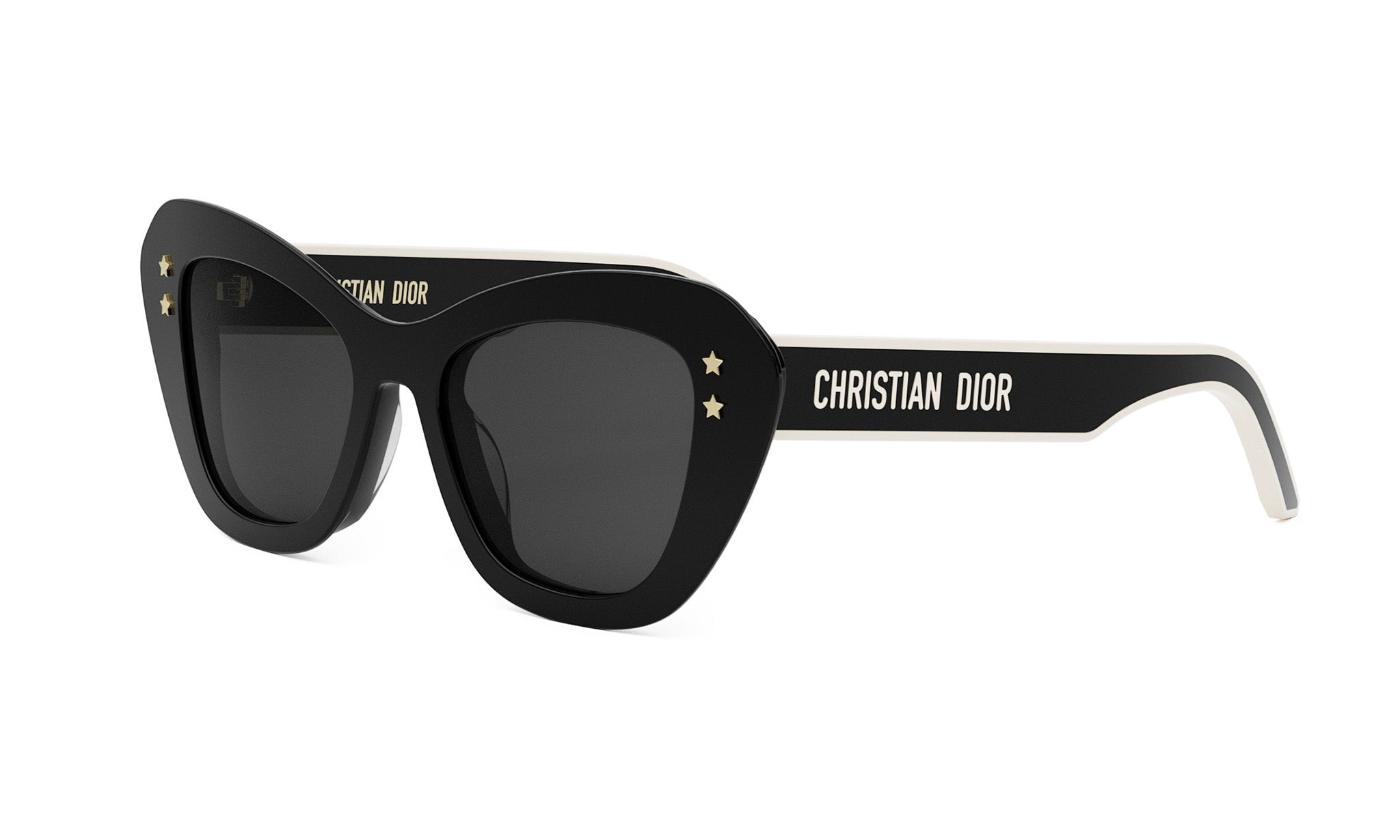 A pair of black cat-eye sunglasses with gold star embellishments and the brand name "Christian Dior" printed on the frame.