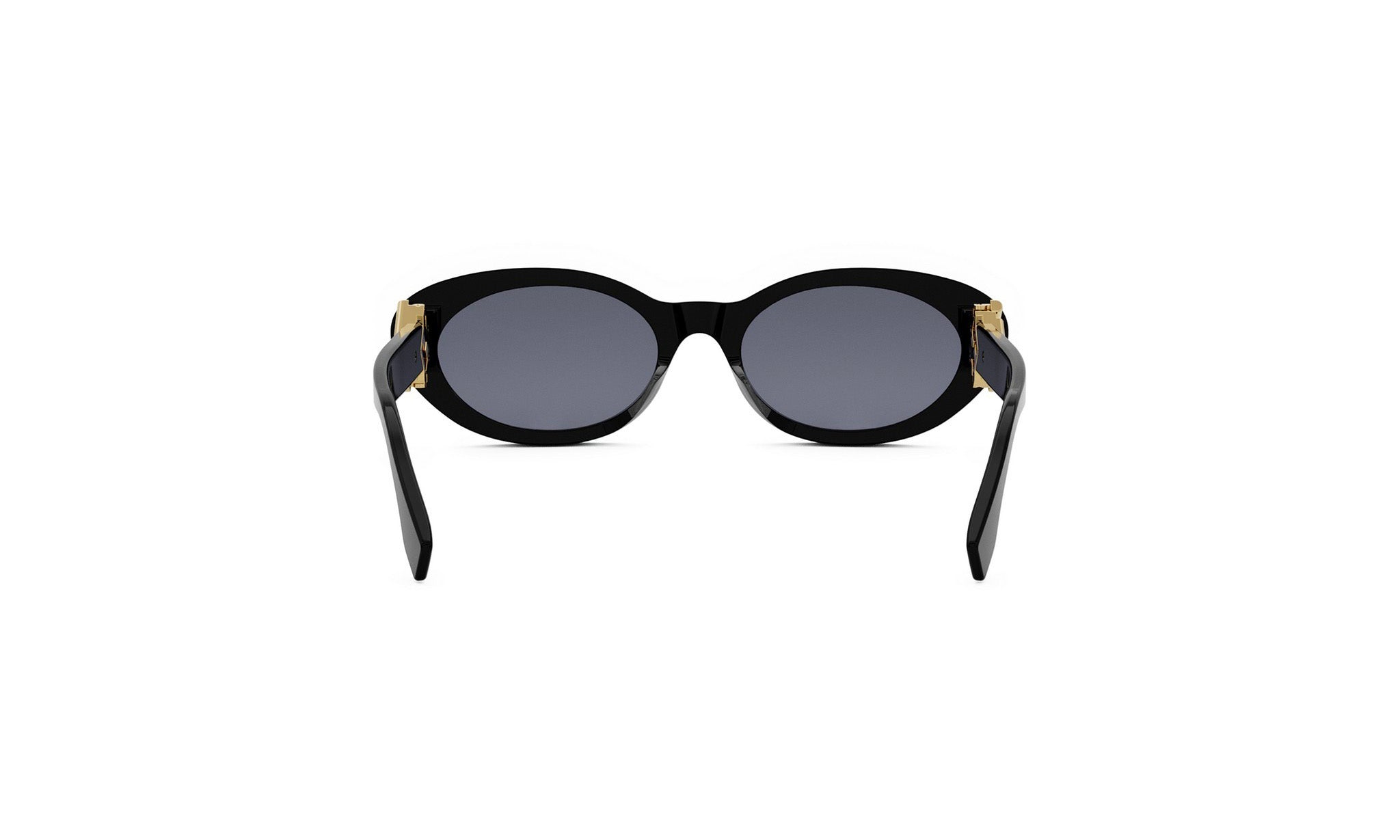 A pair of black sunglasses with gold accents, featuring dark lenses and a sleek, modern design.