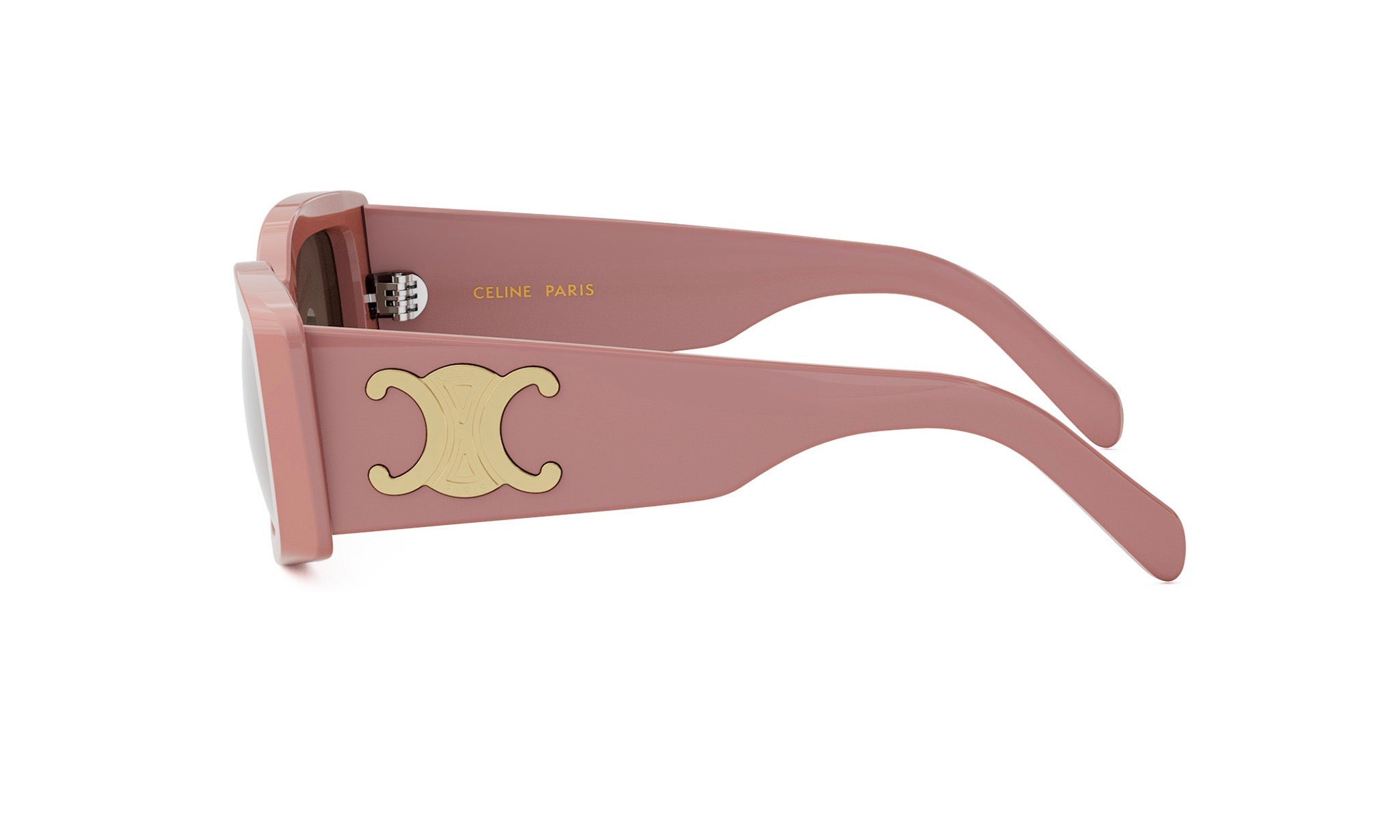 A pair of pink sunglasses with a Celine Paris logo on the frame.