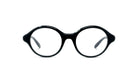 A pair of black-rimmed glasses with clear lenses, set against a white background.