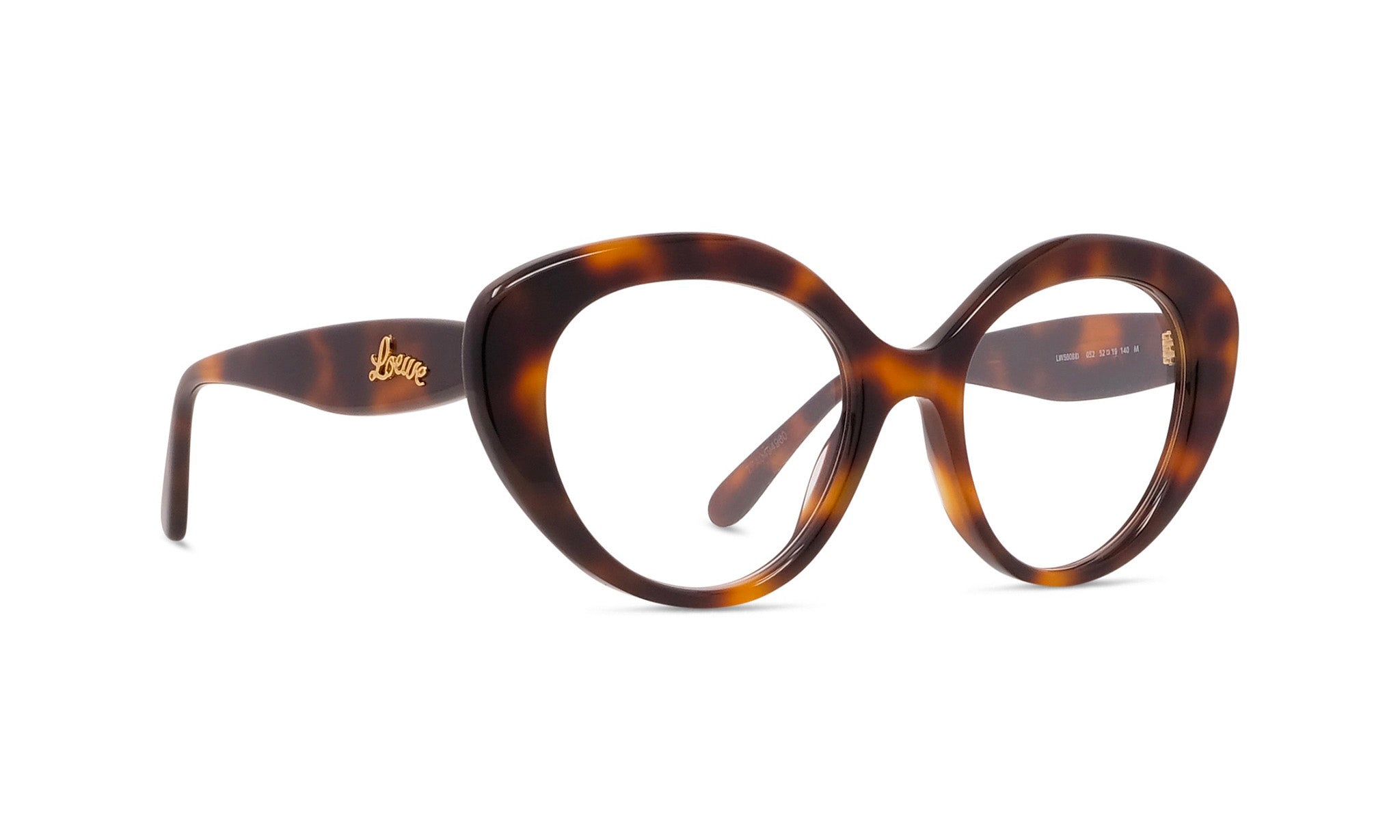 A pair of stylish tortoiseshell-framed glasses with a dark brown frame and a gold-colored logo on the side.