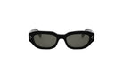 A pair of black sunglasses with dark lenses.