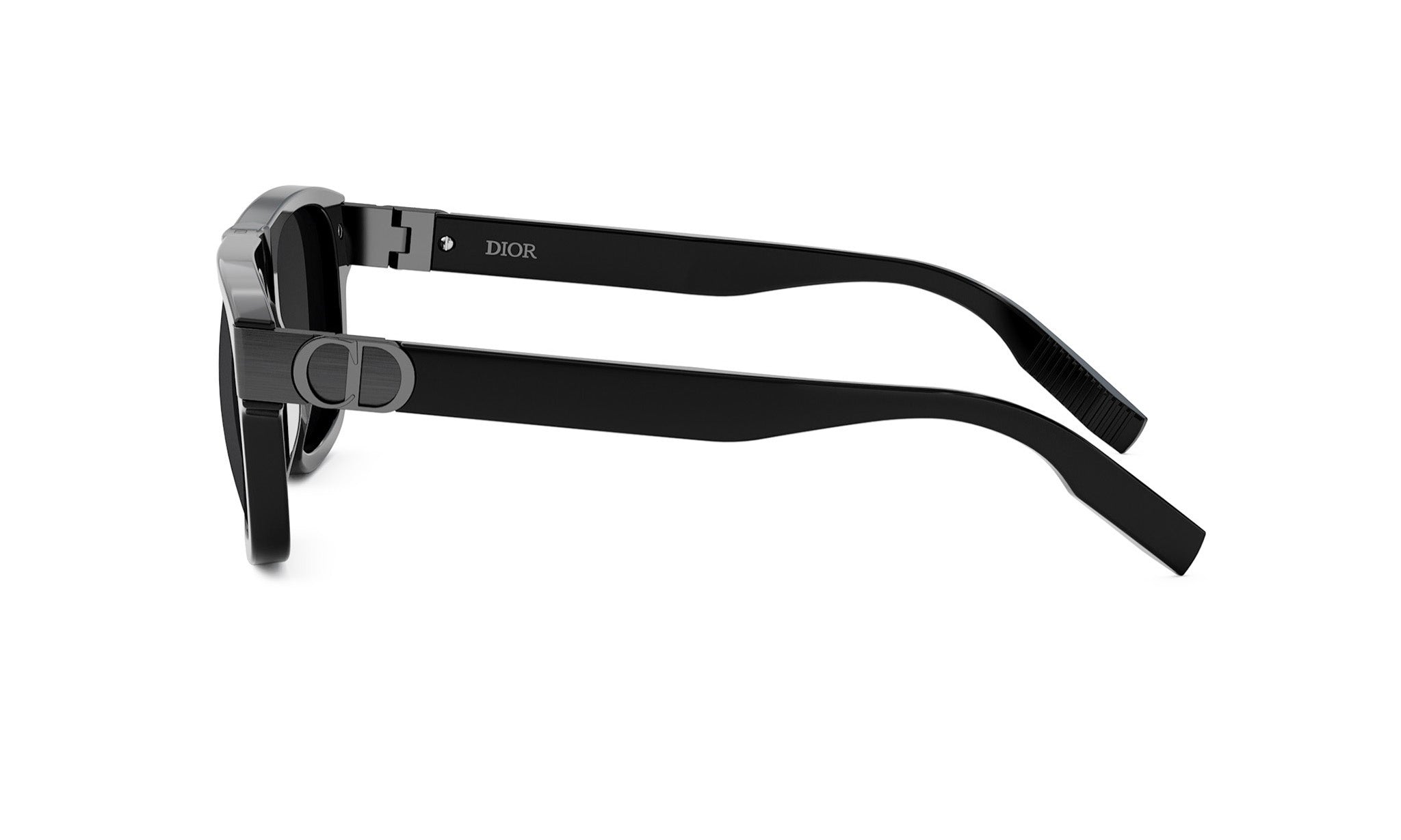 A pair of black sunglasses with a Dior logo on the frame.