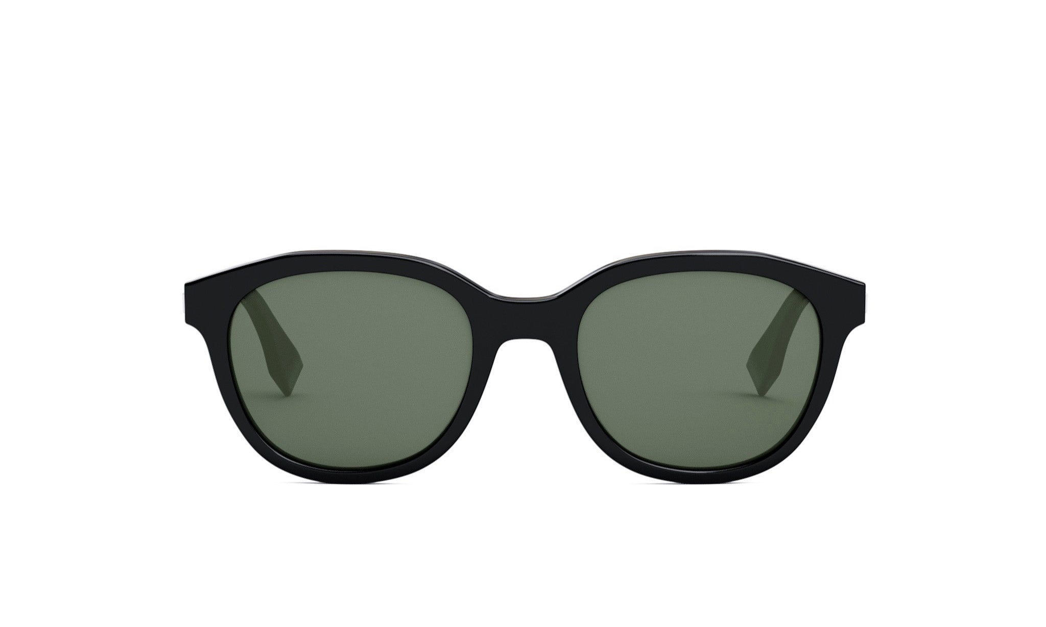 A pair of black sunglasses with dark green lenses.