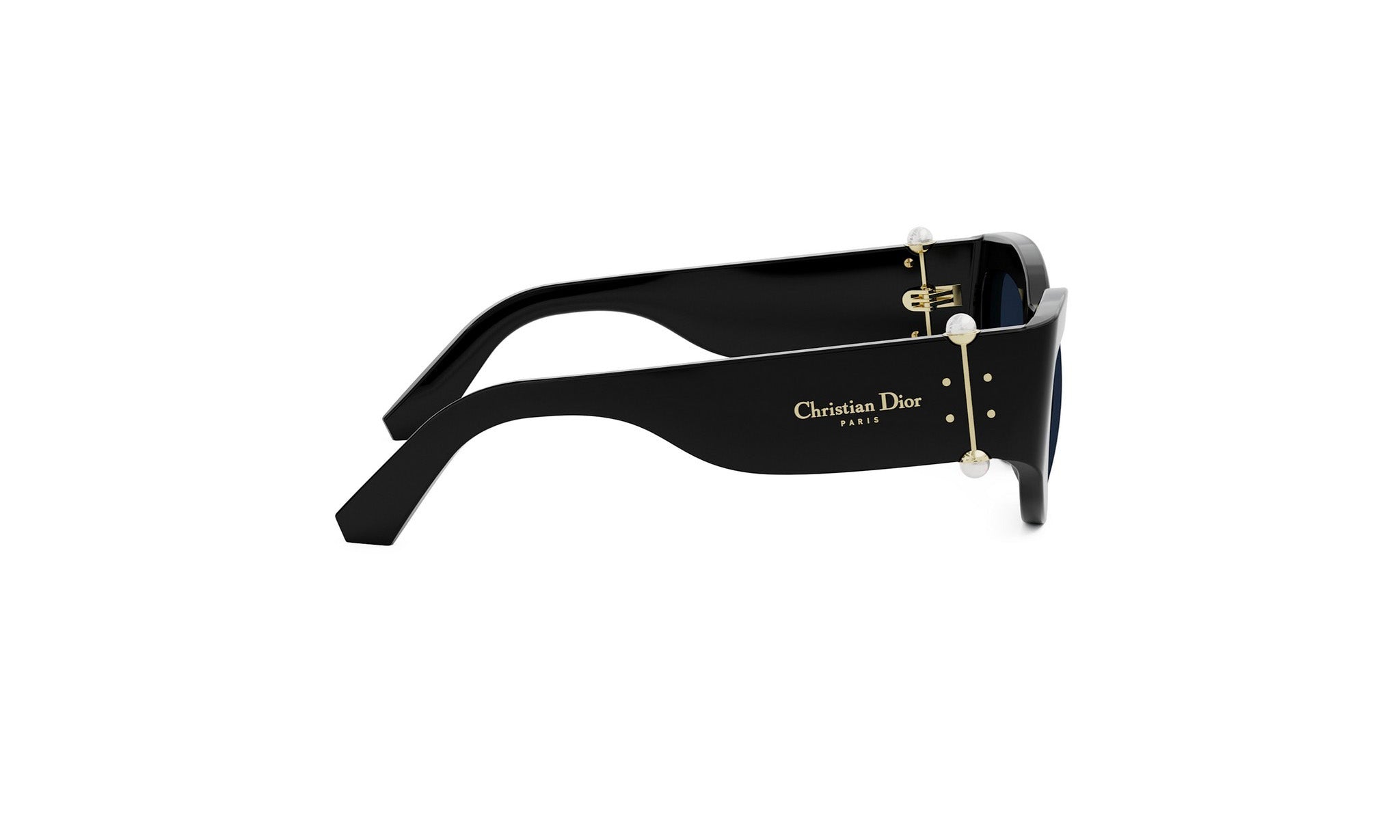 A pair of black sunglasses with gold accents and the logo of Christian Dior.