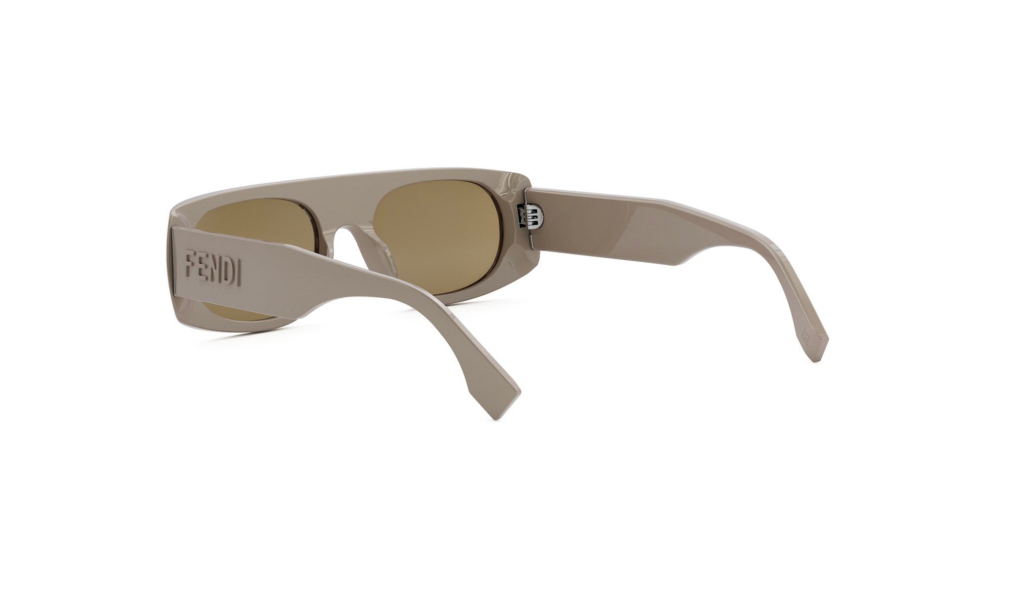 A pair of tan-colored sunglasses with a distinctive Fendi logo on the frame.