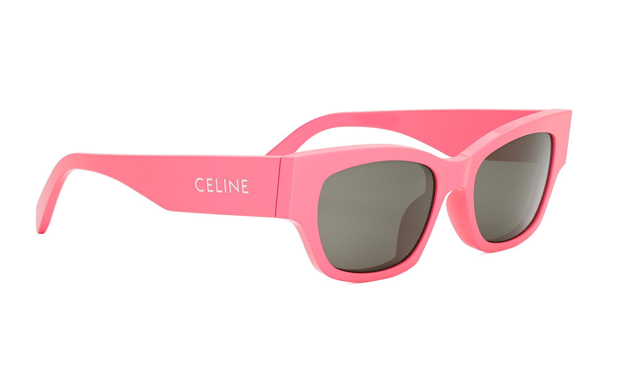A pair of pink sunglasses with dark lenses.