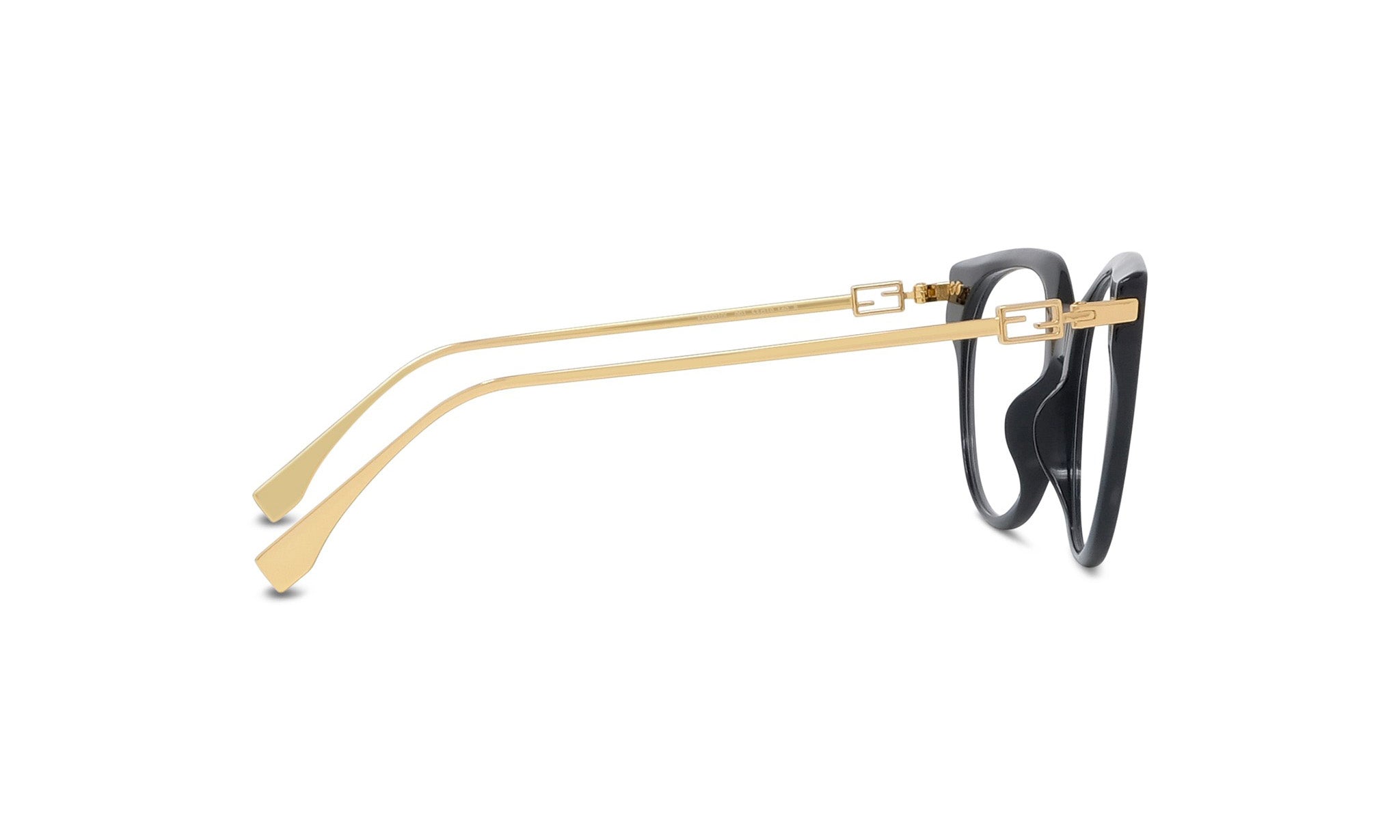 A pair of black-framed glasses with gold-colored metal accents.