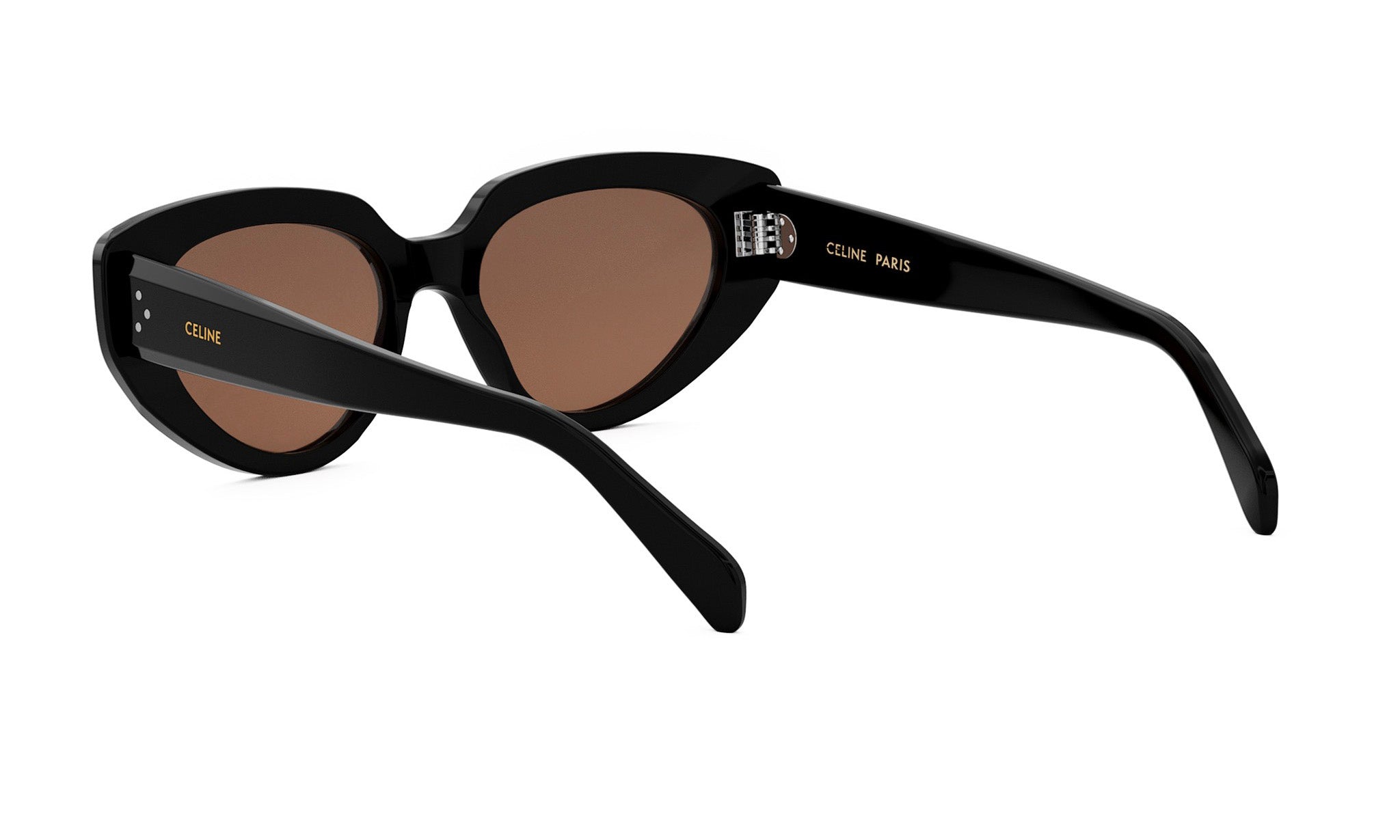 A pair of black cat-eye sunglasses with a brown lens.