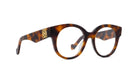 A pair of stylish tortoiseshell-framed glasses with a gold-colored logo on the side.