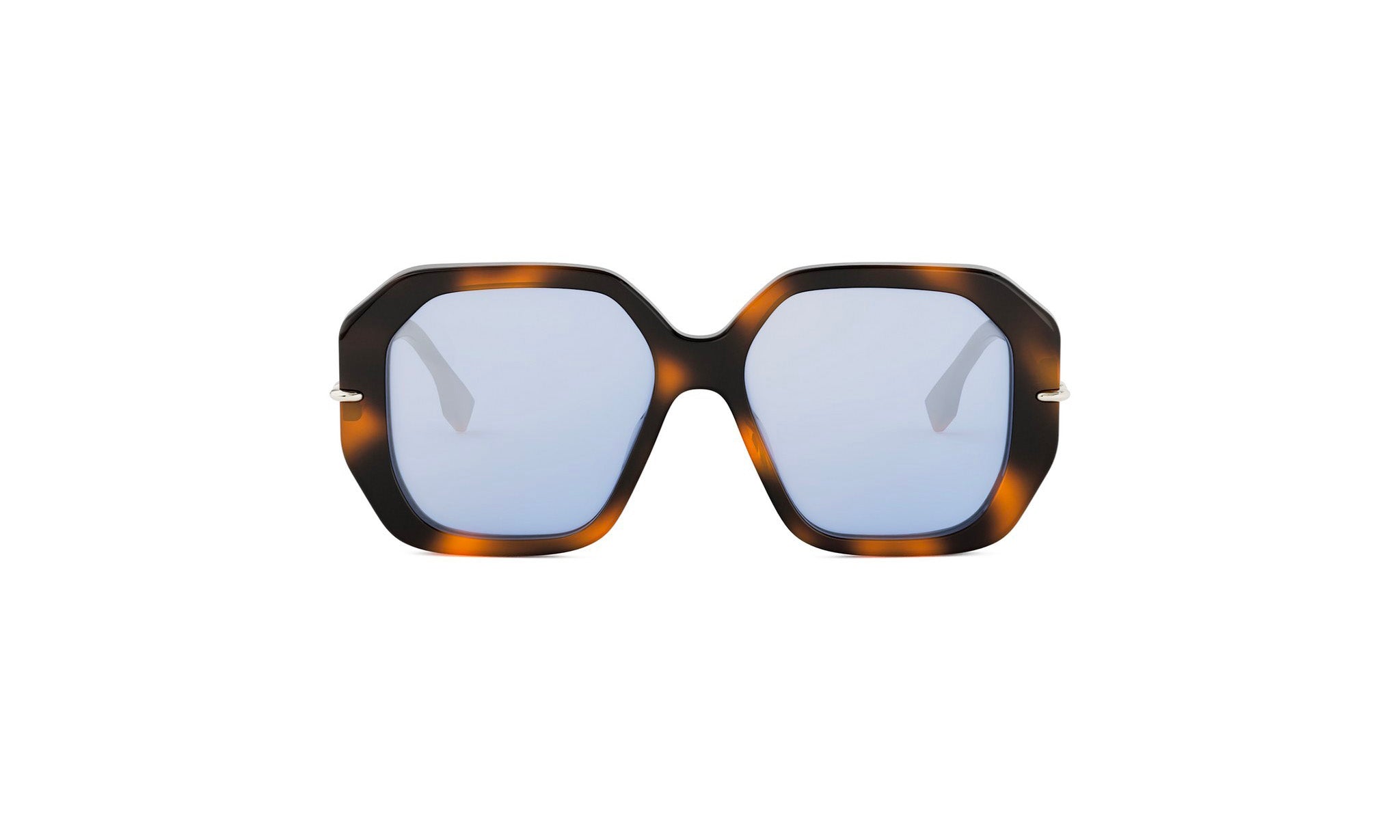 A pair of stylish sunglasses with a tortoiseshell frame and blue lenses.