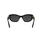 A pair of black cat-eye sunglasses with gold accents.