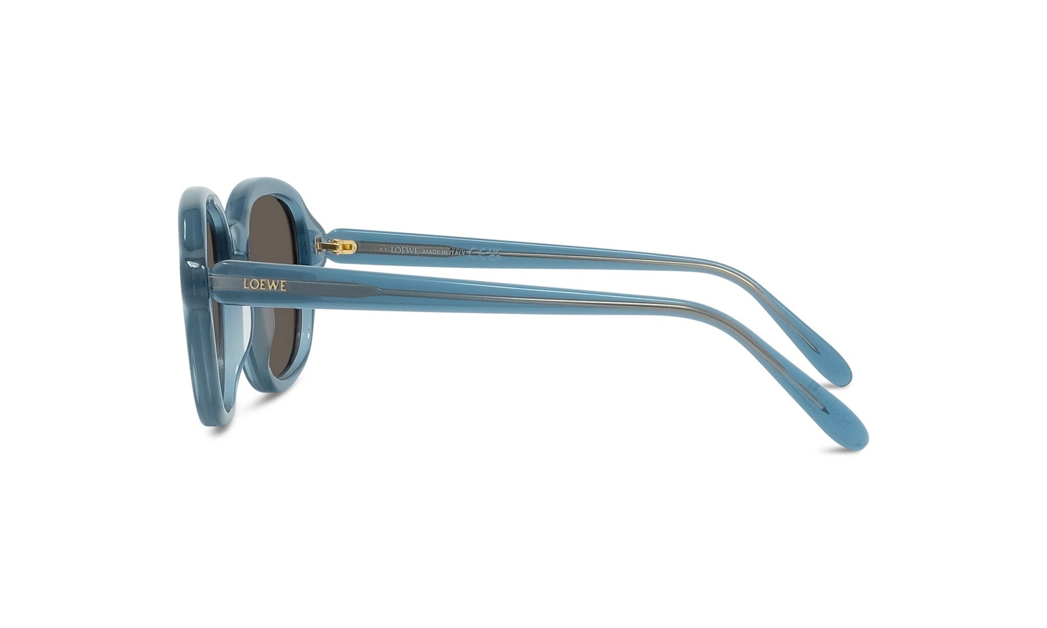A pair of blue sunglasses with the brand name "LOEWE" printed on the frame.