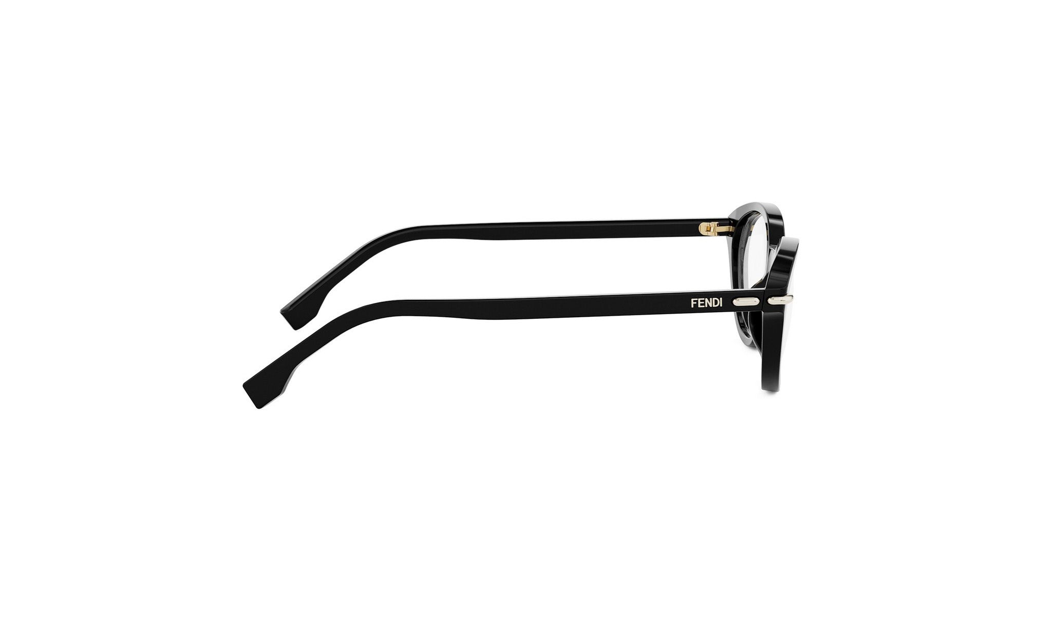 A pair of black-framed glasses with the Fendi logo visible on the temples.